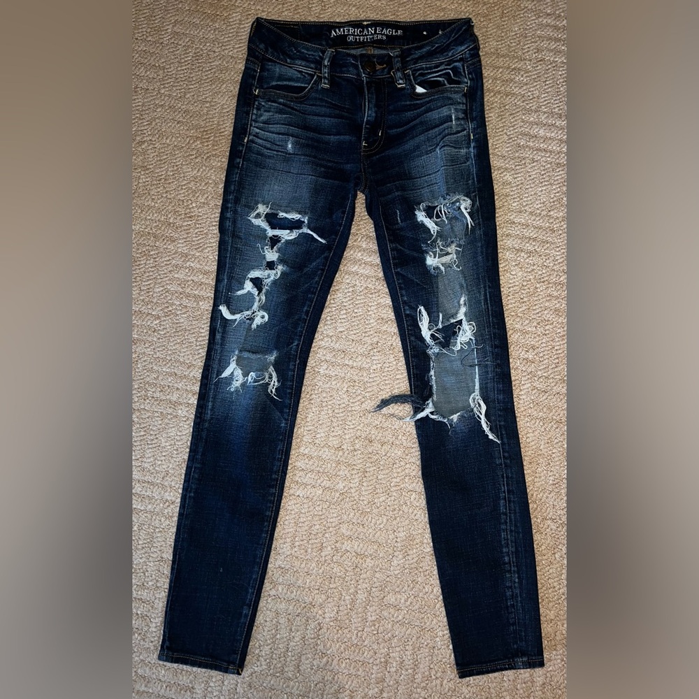 American Eagle Outfitters Dark Blue Distressed Skinny Jeans